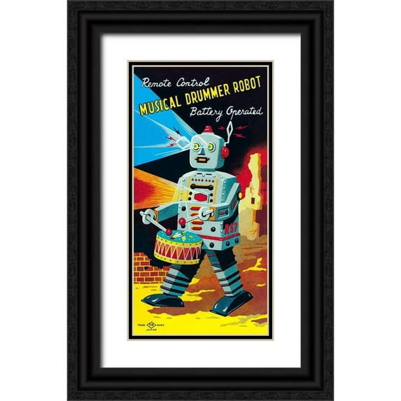 Retrobot 9x14 Black Ornate Wood Framed with Double Matting Museum Art Print Titled - Musical Drummer Robot