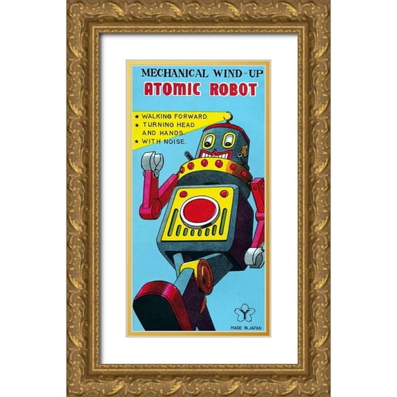 Retrobot 9x14 Gold Ornate Wood Framed with Double Matting Museum Art Print Titled - Mechanical Wind-Up Atomic Robot