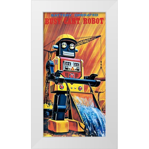 Retrobot 9x14 White Modern Wood Framed Museum Art Print Titled - Busy Cart Robot