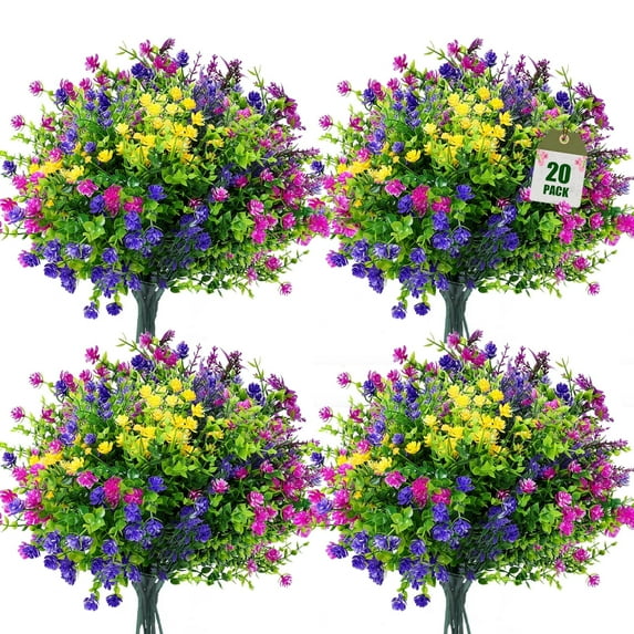 Retrocular 20 Bundles Artificial Flowers Outdoor, Fake Plastic Flowers Faux Plants Spring Summer Decoration for Home Garden Porch