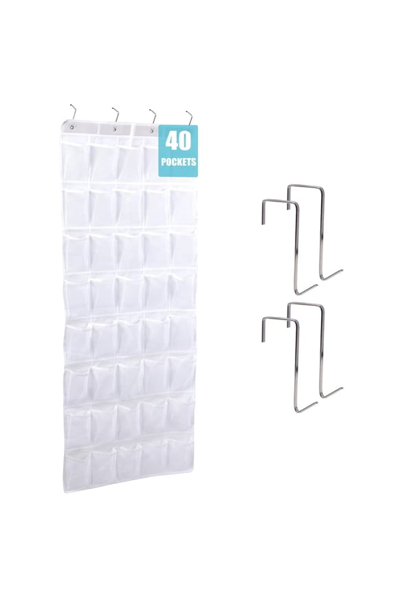 40 Pockets Over the Door Shoe Organizer, Hanging Mesh Pockets Shoe Rack Storage Closet Organizer, White
