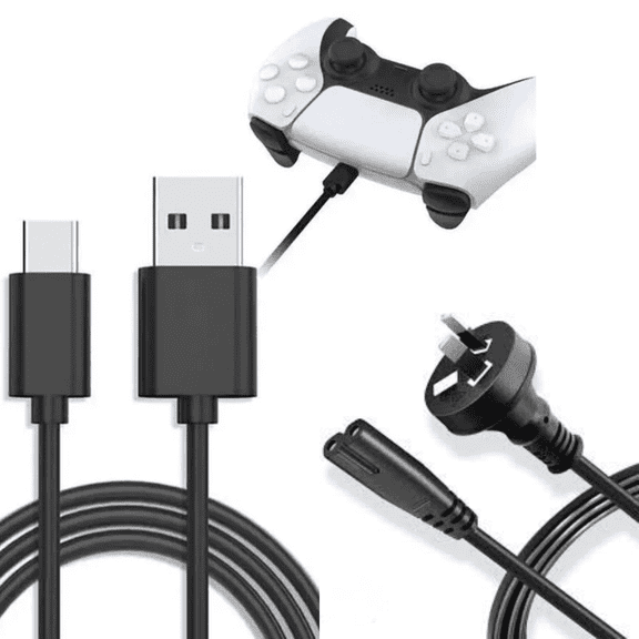 Retrofam Next-Gen Gaming Bundle: Wireless Controller for PS5 (White) + USB-C Data Cable & 2-Prong AC Power Cord