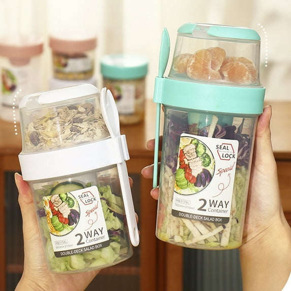 Retrok 2 Pack Overnight Oats Container 2-Tier Breakfast On the Go Cups with Lid and Spoon Portable Yogurt Oatmeal Container Jar Leakproof Cereal and Milk To Go Container for Students