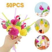 Retrok 50pcs Paper Drinking Straw 3D Fruit Paper Straws Pineapple Flamingo Design Striped Paper Straw Eco Friendly Recyclable Drinking Straw for Bars Decors Hawaiian Beach Party (Flamingo)