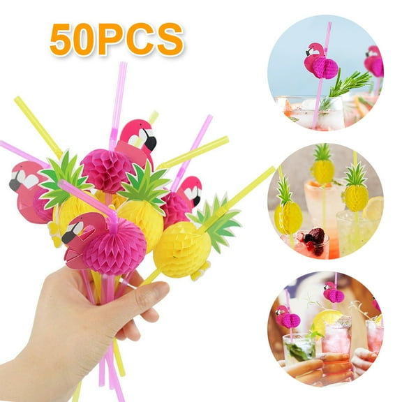 Retrok 50pcs Paper Drinking Straw 3D Fruit Paper Straws Pineapple Flamingo Design Striped Paper Straw Eco Friendly Recyclable Drinking Straw for Bars Decors Hawaiian Beach Party (Flamingo)