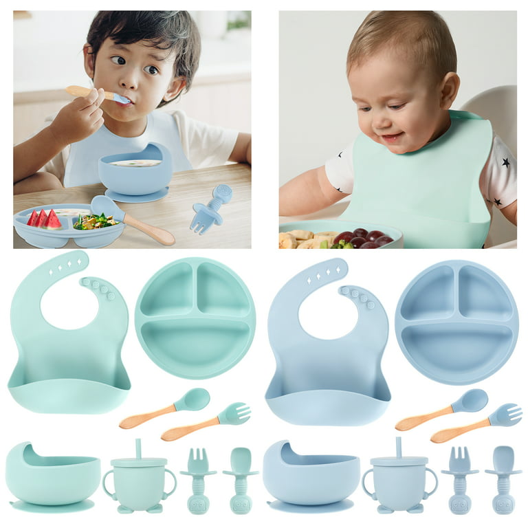 Retrok 8pcs Silicone Baby Feeding Set Soft Baby Weaning Supplies Cute Self Feeding Eating Utensils Set with Divided Suction Plate Bib Bowl Fork Spoon