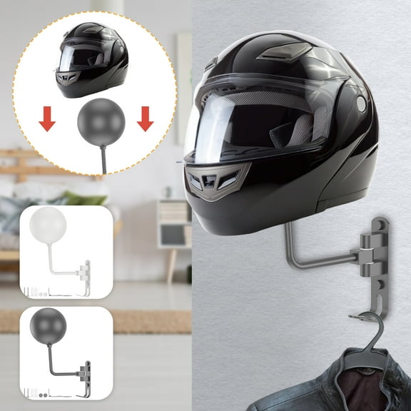 Retrok Motorcycle Helmet Holder Wall Mount 180° Rotation Helmet Hanger with Hooks Steel Helmet Stand Rack Storage Hook Multipurpose Motorcycle Helmet Holder for Motorcycle Bike Helmets Coats Caps