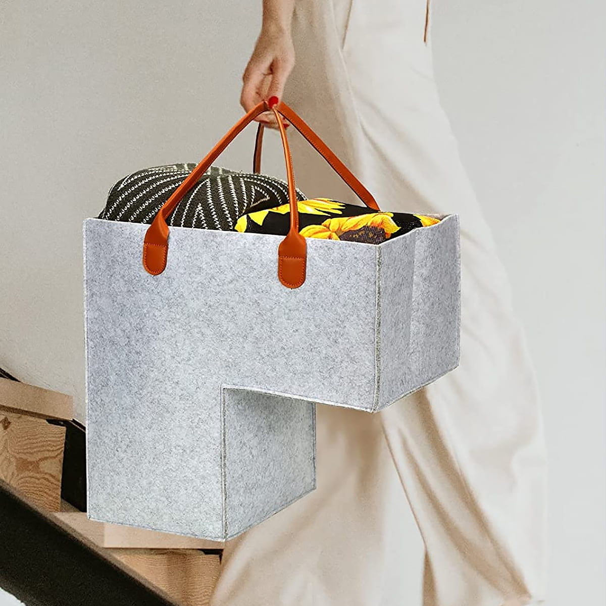 Retrok Stair Basket with Leather Handles Felt LShape Large Capacity Stair Step Bin Space Saving
