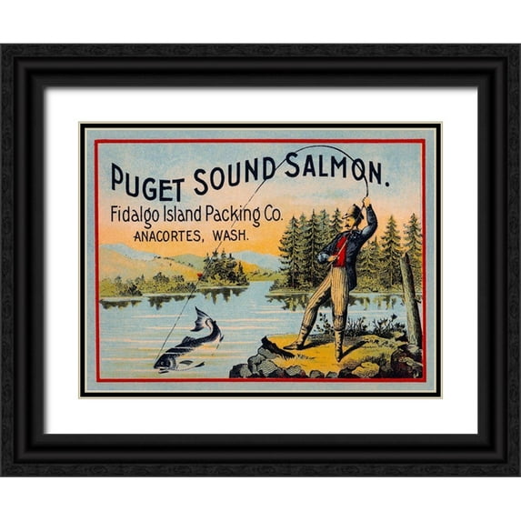 Retrolabel 18x15 Black Ornate Wood Framed with Double Matting Museum Art Print Titled - Puget Sound Salmon - On the Fly