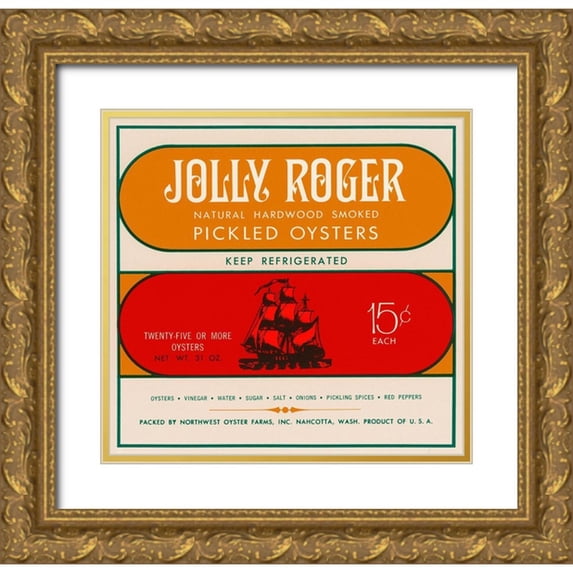 Retrolabel 21x20 Gold Ornate Wood Framed with Double Matting Museum Art Print Titled - Jolly Roger Pickled Oysters