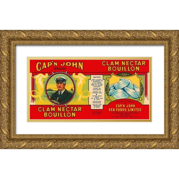 Retrolabel 32x18 Gold Ornate Wood Framed with Double Matting Museum Art Print Titled - Capn John Brand Clam Nectar Bouillon