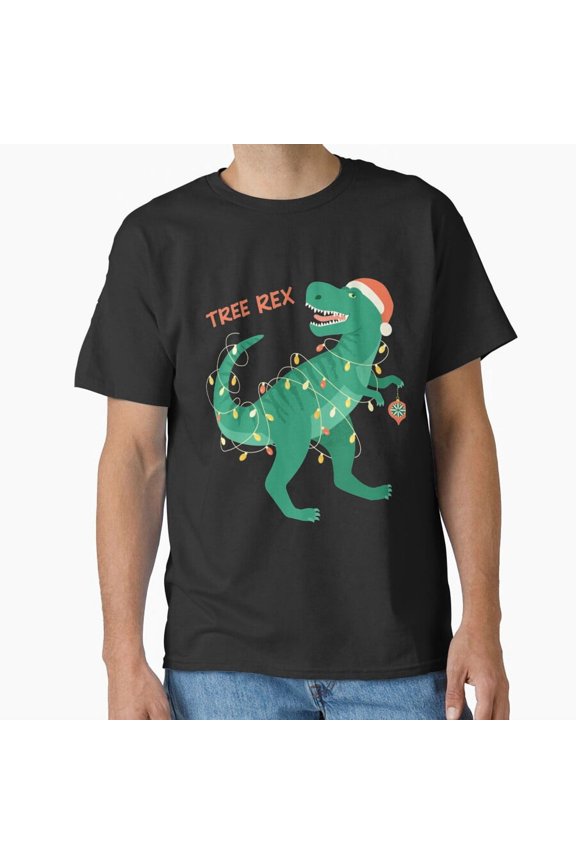 Retroline Tree Rex Holiday Dino Graphic Creative Print Unisex T-Shirt, up to Size 5XL