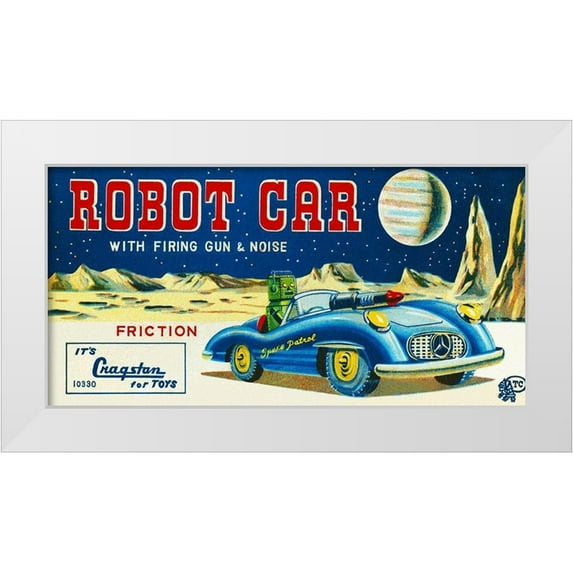Retrotrans 32x18 White Modern Wood Framed Museum Art Print Titled - Robot Car with Firing Gun and Noise