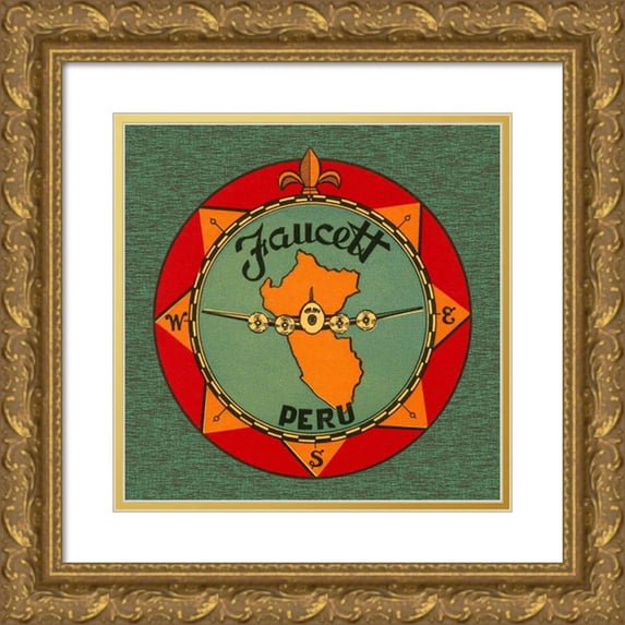 Retrotravel 15x15 Gold Ornate Wood Framed with Double Matting Museum Art Print Titled - Faucett Aviation Airline Luggage Label