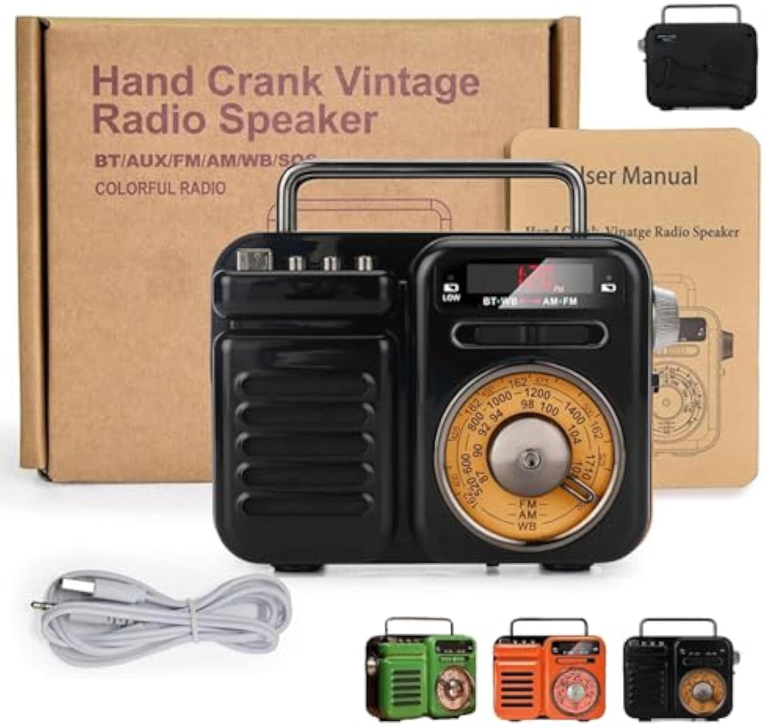 Retrowave 7-in-1 Radio, Portable Radio Rechargeable with Bluetooth/Tf/U Disk/Aux Playback, Sleep Timer, Flashlight, Sos Alarm, Suitable for Indoor Decoration, Camping (Black)