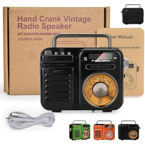 Retrowave 7-in-1 Radio, Portable Radio Rechargeable with Bluetooth/Tf/U Disk/Aux Playback, Sleep Timer, Flashlight, Sos Alarm, Suitable for Indoor Decoration, Camping (Black)