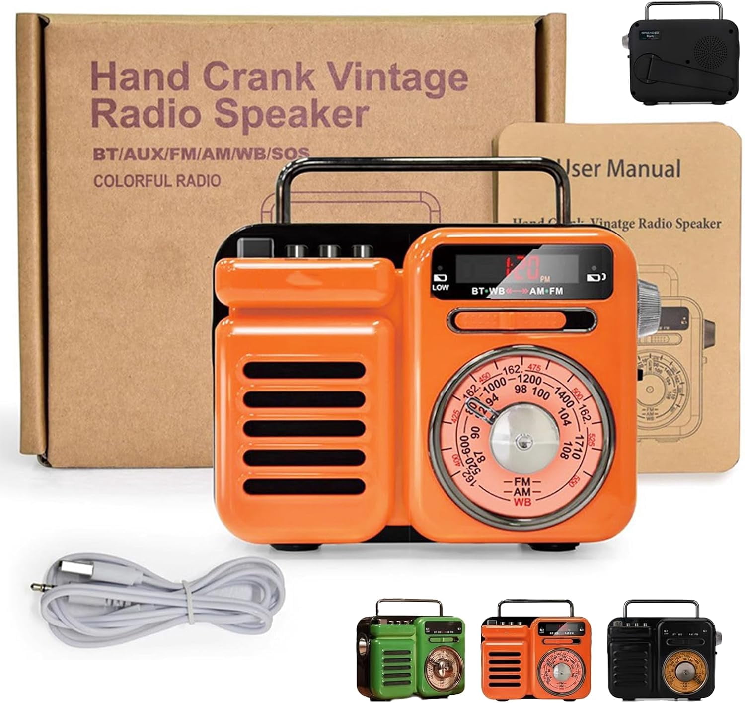 Retrowave 7-in-1 Radio, Portable Radio Rechargeable with Bluetooth/Tf/U Disk/Aux Playback, Sleep Timer, Flashlight, Sos Alarm, Suitable for Indoor Decoration, Camping (Orange)