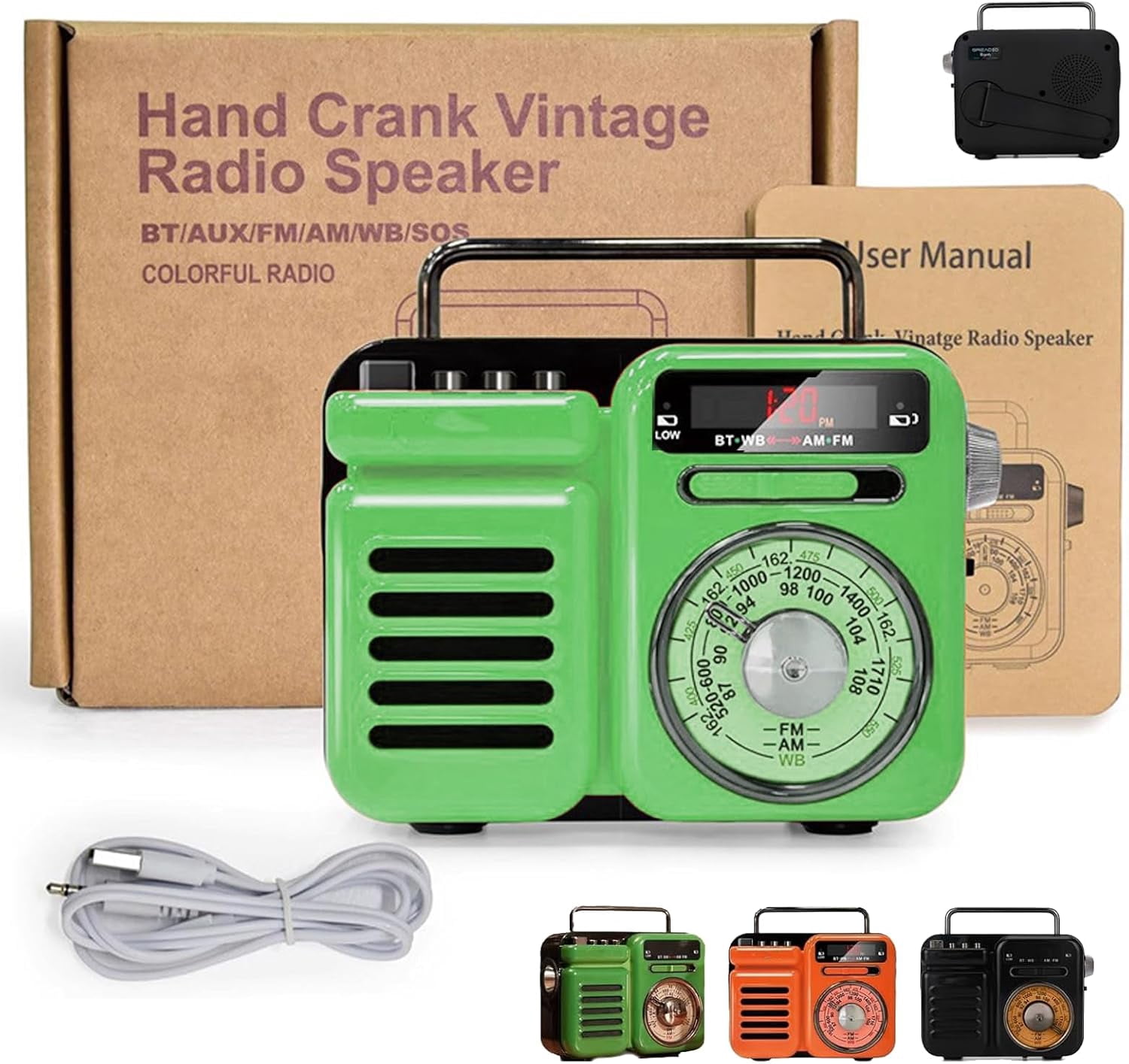Retrowave 7-in-1 Radio, Portable Radio Rechargeable with Bluetooth/Tf/U Disk/Aux Playback, Sleep Timer, Flashlight, Sos Alarm, Suitable for Indoor Decoration, Camping (Green)