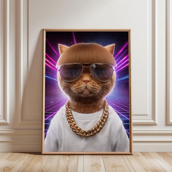 Retrowave Cat Print Hip Hop Kitten With Gold Chain Synthwave, Unframed Paper Print