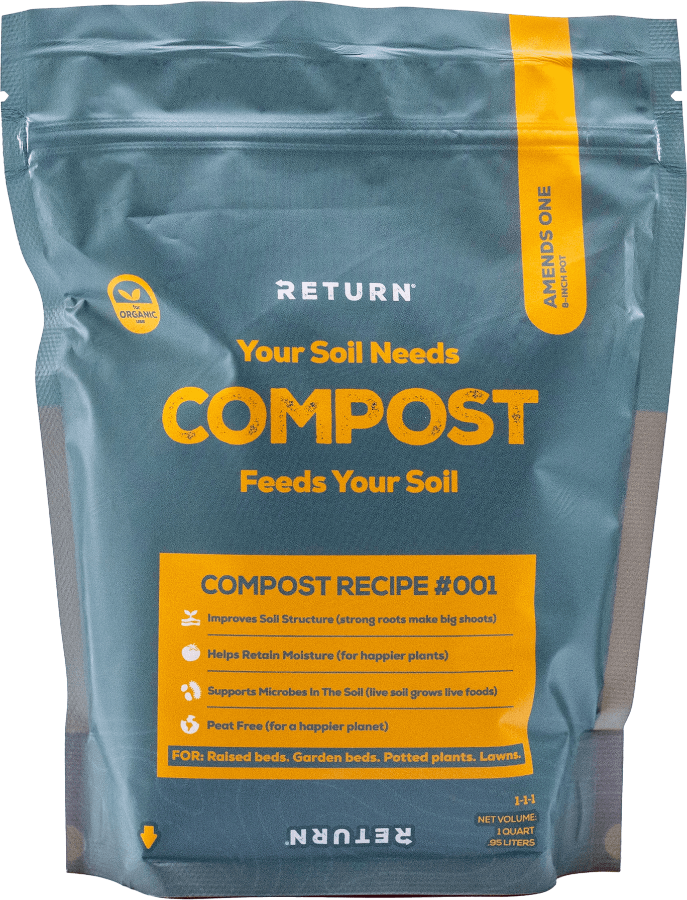 Return Organic Compost Recipe 001—1QT Pouch—Fertilizer for Indoor and Outdoor Garden Soil Beds