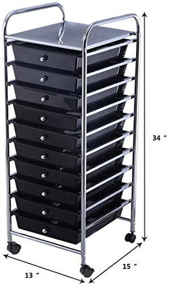 Black 10-Drawer Rolling Storage Cart with Chrome Frame