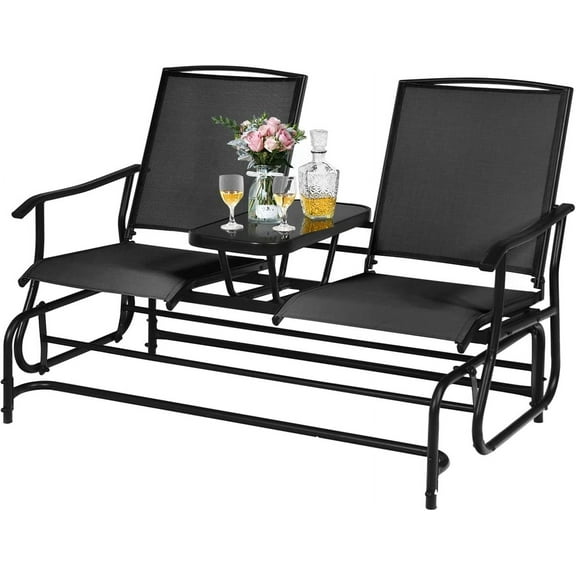 ReunionG 2-Person Outdoor Glider Chair, Patio Glider Loveseat w/Tempered Glass Center Table & Sturdy Metal Frame, Black
