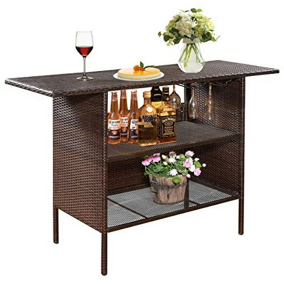 ReunionG Outdoor Wicker Bar Patio Rattan Counter Table with 2 Steel Shelves, 55.1" x 18.5" x 36.2"(L x W x H), Brown