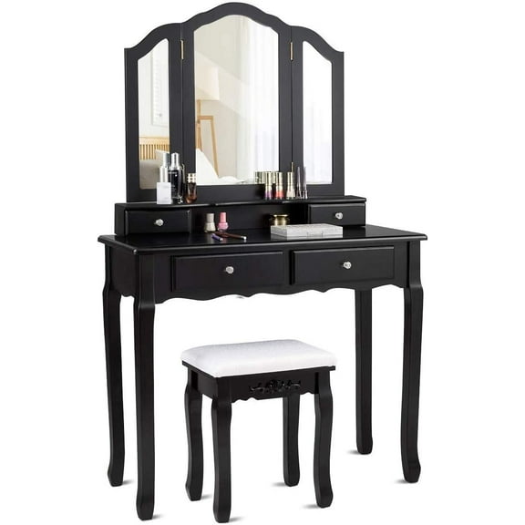 ReunionG Vanity Set with Tri-Folding Mirror and 4 Drawers, Vintage Makeup Vanity Dressing Table, Dresser Desk with Cushioned Stool, Bedroom Bathroom Organizers for Girls and Women (Black)
