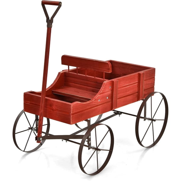 ReunionG Wagon Planter, Wooden Decorative Flower Cart Plant Box with 4 Wheels, 2 Planting Sections, Adjustable Handle, Outdoor Garden Planter for Outside, Patio, Backyard, Balcony (Red)