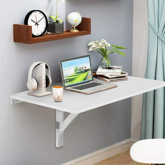 ReunionG Wall-Mounted Drop-Leaf Foldable Table, Space Saving Laptop Desk, Premium Material, Floating Folding Table w/ 2 Folding Ways, Sturdy Hanging Table for Apartment, Study, Bedroom (White)