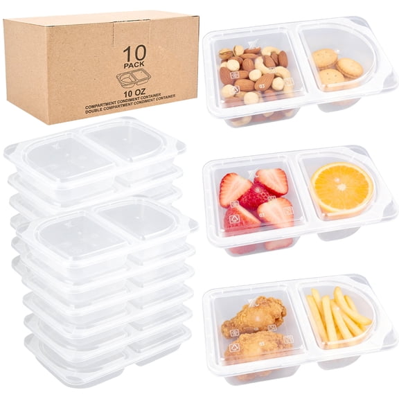 Reusable 10 OZ Snack Containers Compartment with Lids - 10 Sets Snack Containers, Double Snackle Box Compartment Condiment Containers, Snack Box for Sauce and Snacks