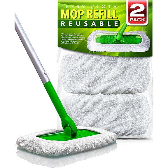 Reusable 100% Cotton Mop Pads Compatible with Sweeper (2-Pack), Terry Cloth Mop Covers Washable for Wet Mopping and Floor Cleaning (Handle is Not Included)