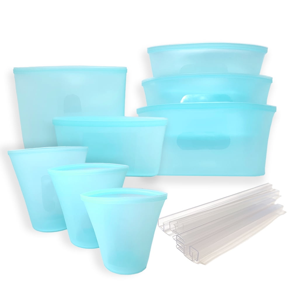 Reusable Silicone 3-Piece Cup Set - Small 8 oz., Medium 16 oz., Large 24 oz. Zippered Storage Containers in Teal