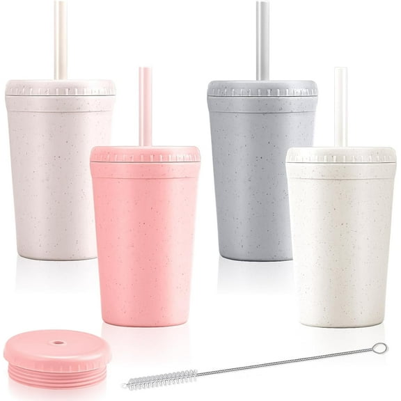 Reusable 10oz Wheat Straw Cups, Spill-Proof Water Cups With Lids and Straws for Kids, Chip Resistant Tumbler and Unbreakable Kitchen Drinking Cups, BPA free, Microwave & Dishwasher Safe