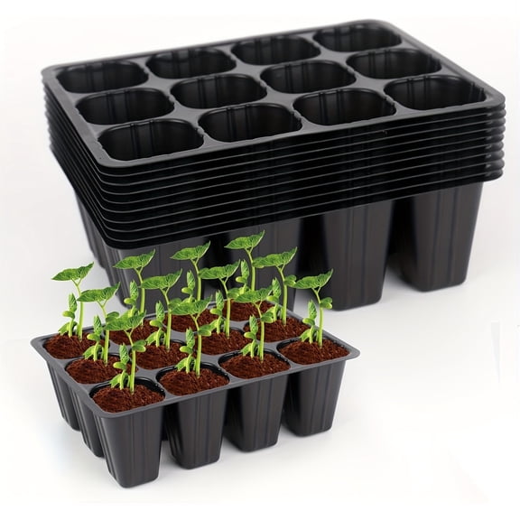 Reusable 12-Cell Plant Seed Starting Trays 10 Pack, Heavy Duty Plastic Seed Germination Trays with Drainage - Ideal Seed Starter Kit for Tomatoes, Peppers & Herb Gardening