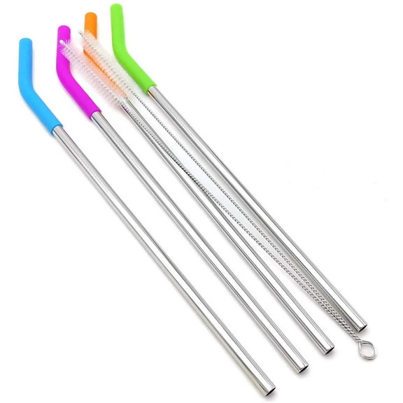 Reusable 12" Extra Long Stainless Steel Straws with Silicone Elbows - Set of 4 + 2 Cleaning Brushes