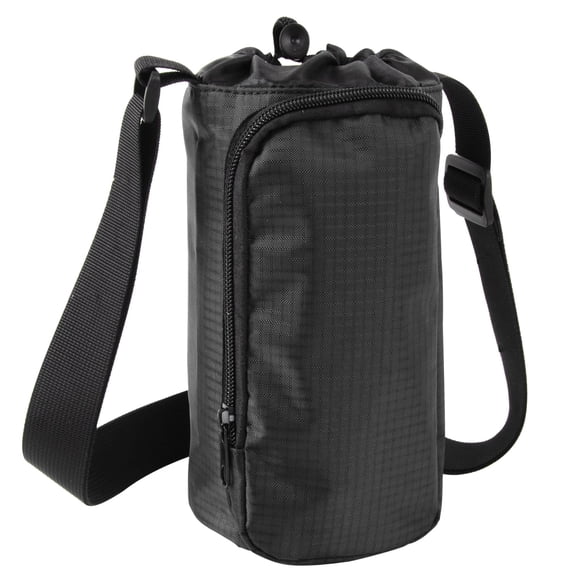 Reusable 16 Oz. Drawstring Closure Water Bottle Carrier Bag with Adjustable Shoulder Strap & Phone Pocket for Glass, Plastic, Stainless Steel Bottles, Walking, Running, Biking & Jogging in Black
