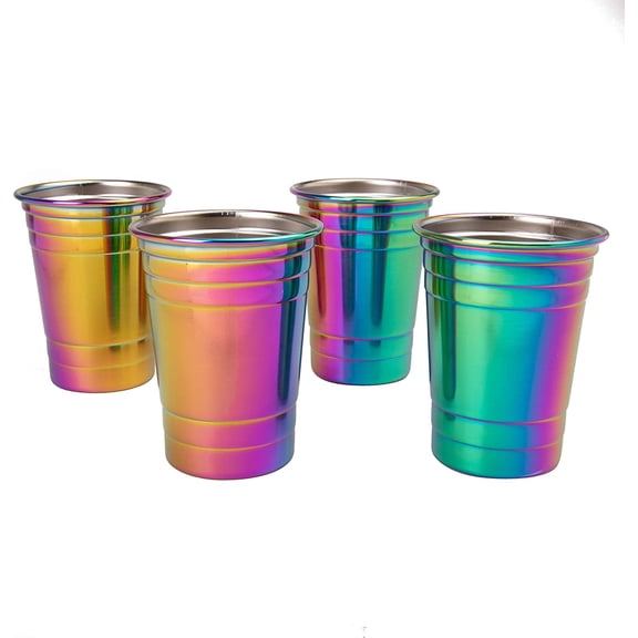 Reusable 16 oz Rainbow Party Cups, Stainless Steel Glasses, 4 Pack | Stackable BPA-Free Tumblers, Shatterproof Dishwasher Safe Drinking Cups for Indoor, Outdoor, Everyday Use, Parties, College