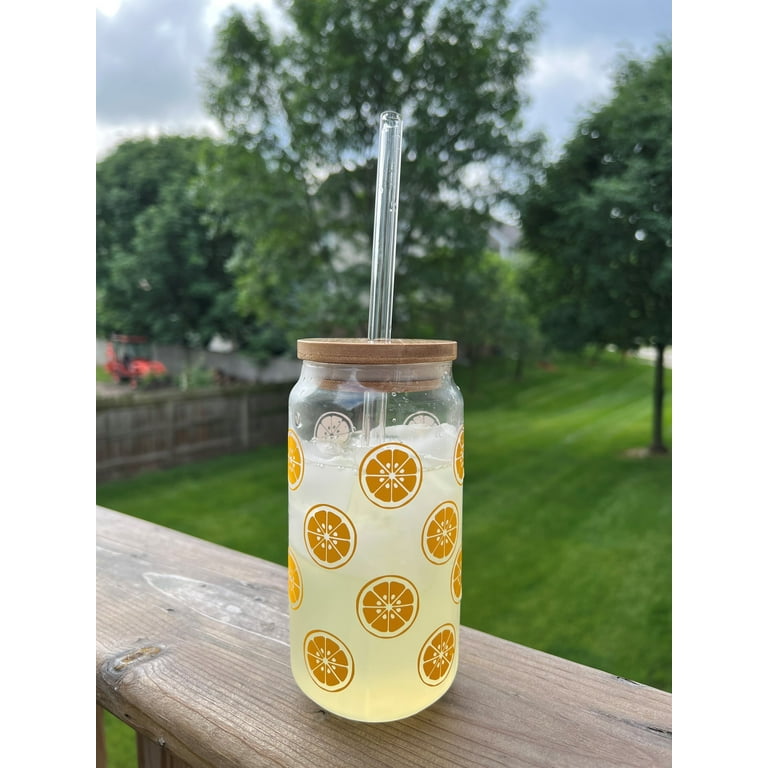 Reusable 16oz Glass Soda Can Style Tumbler with Bamboo Lid and Glass Straw. Lemons