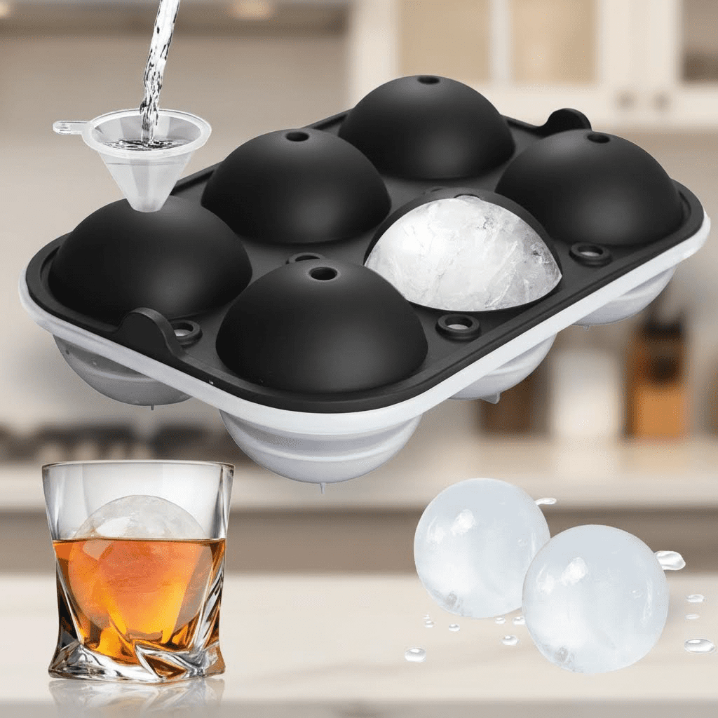 Reusable 2.5 Inch Silicone Ice Ball Maker with Lids and Funnel, Easy Release Round Ice Sphere Mold for Whiskey, Cocktails, Bourbon, and Drinks