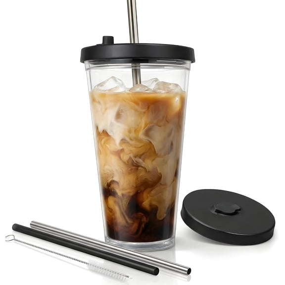 Reusable 24oz insulated plastic tumbler with lid and straw, BPA-free portable cold drink cup, packed with plastic straw, metal straw and cleaning brush, Black