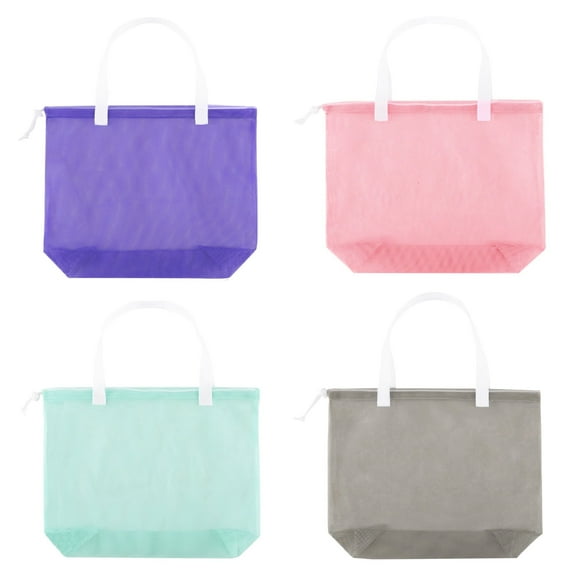 Reusable 4Pack Colorful Mesh Beach Tote Bags ,Pool Bag With Drawstring For Swim,Toys,Gift Or Laundry(WHITE HANDLE)