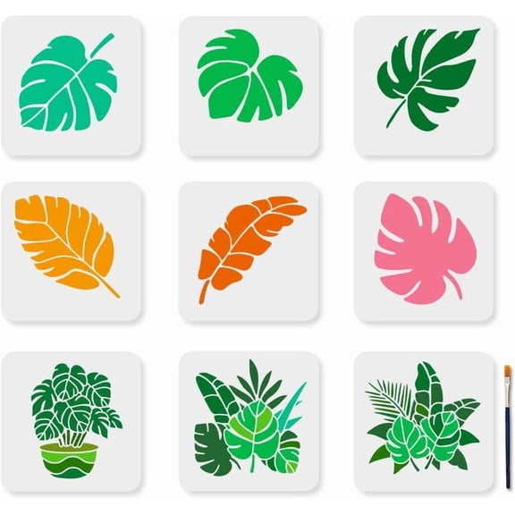 Reusable 9-Piece Tropical Leaf Stencils Set with Paint Brush - 8x8 Inch Botanical Plant Templates for Wall Art Fabric Furniture & Home Dcor Projects (20x20cm Durable PET Material)