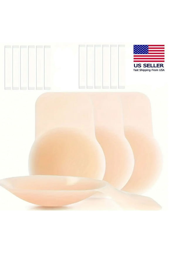 Reusable Adhesive Silicone Push up Women Breast Lift Pasties with Double Sided Clothing Tape ( 4pc Breast Lift Pasties + 12 Strips Double Sided Tape )