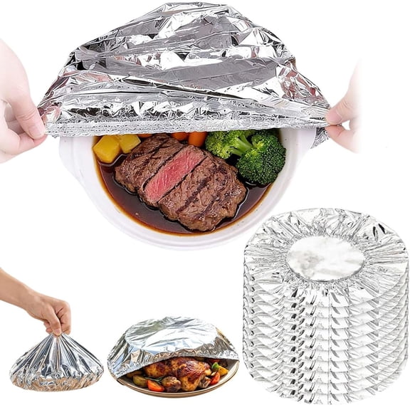 Reusable Aluminum Foil Food Covers with Elastic Edges – Fits Bowls, Plates & Rectangular Dishes for Food Storage and Table Use