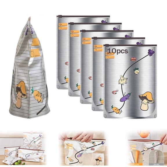 Reusable Aluminum Foil Sealable Storage Bags, 2026 New Vacuum Zipper Pouches for Food, Stand Up Foil Sealable Bags with Label and Zip Lock for Kitchen Vegetable Fruit Meat (10Pcs, L)