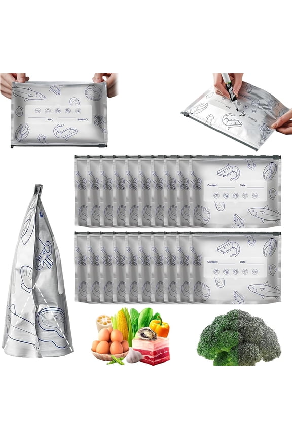 Reusable Aluminum Foil Sealable Storage Bags, 2026 Upgraded Leak Proof Stand-Up Foil Freezer Bags with Label & Zip Lock, Heavy Duty Vacuum Pouches for Meat Seafood Fruit Vegetables (20PC,S)