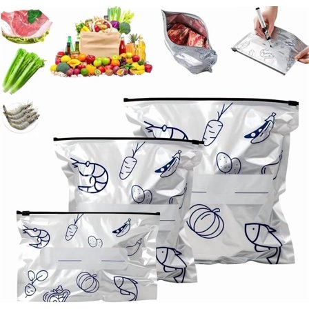 Reusable Aluminum Foil Sealable Storage Bags, 3 Sizes Airtight Stand Up Foil Bags for Grilling and Freezing with Zip Lock & Label for Vegetable Fruit Meat