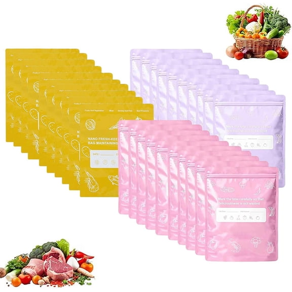 Reusable Aluminum Foil Sealable Storage Bags 30 Pcs, Resealable Vacuum Zipper Pouches, Thicken Stand Up Zip Lock Bags with Label for Food Vegetable Fruit Meat (L)
