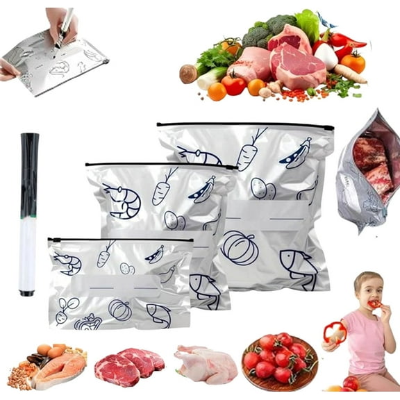 Reusable Aluminum Foil Sealable Storage Bags – Heat Resistant, 3 Sizes Sandwich Snack Bag for Vegetable Fruit Meat, Stand up Foil Sealable Bags with Label and Zip Lock